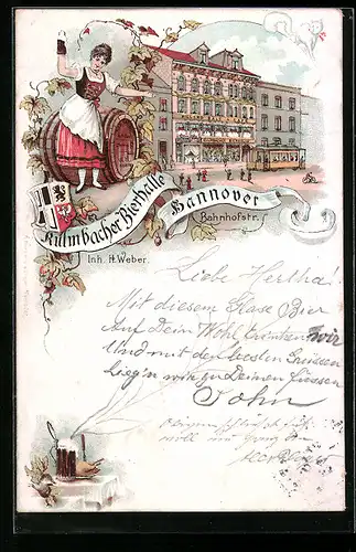 Lithographie Hannover, Gasthaus Kulmbacher Bierhalle in der Bahnhofstr.