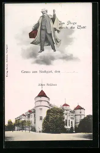 AK Stuttgart, Fliegender Mensch über dem Schloss