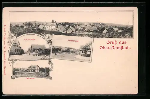 AK Ober-Ramstadt, Bahnhof, Alicestrasse, Poststrasse