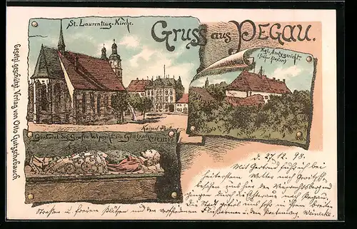 Lithographie Pegau, St. Lurentius-Kirche, Königliches Amtsgericht, Grabmal des Grafen Wiprecht von Groitzsch