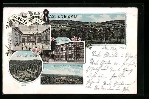 Lithographie Bad Rastenberg, Kurhaus Inneres Saal, Blick auf den Ort