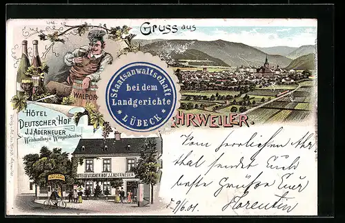 Lithographie Ahrweiler, Hotel Deutscher Hof J. J. Aderneuer, Teilansicht