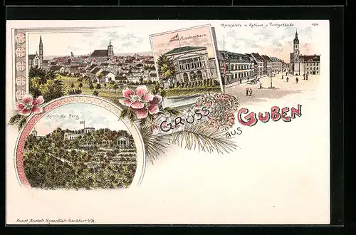 Lithographie Guben, Gasthaus Schützenhaus, Marktplatz mit Rathaus und Postgebäude, Kaminsky-Berg