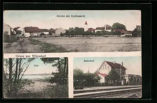 AK Wünsdorf, Kirche mit Dorfansicht, Bahnhof, See