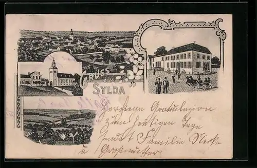 AK Sylda, Strassenpartie mit Geschäft, Kirche, Ortspartie