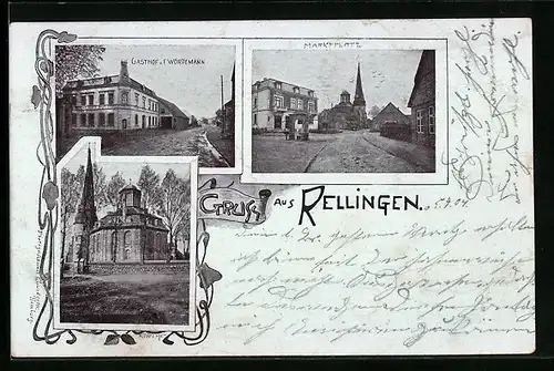 AK Rellingen, Gasthof v. F. Wördemann, Kirche, Marktplatz