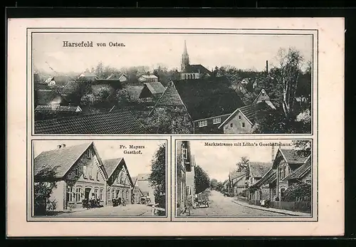 AK Harsefeld, Fr. Meyers Gasthof, Marktstrasse mit Löhn`s Geschäftshaus, Ortspartie mit Kirche von Osten