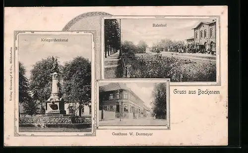 AK Bockenem, Bahnhof mit Kriegerdenkmal und Gasthaus W. Dormeyer