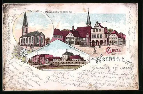 Lithographie Werne a. Lippe, Marktplatz, Pfarrkirche, Christophorus-Hospital