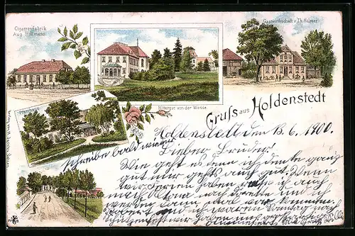 Lithographie Holdenstedt, Cigarrenfabrik August Hilmann, Pfarrhaus und Rittergut von der Wense