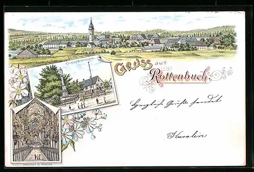 Lithographie Rottenbuch, Panorama mit Krieger-Denkmal