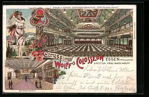 Lithographie Essen, Gaststätte Wolffs Colosseum, Saal, Wandelhalle, Tänzerin mit Tmburin, Wappen