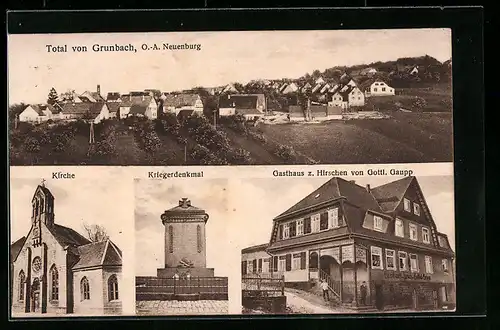AK Grunbach, Gasthaus zum Hirschen von Gottlieb Gaupp, Totalansicht, Kirche