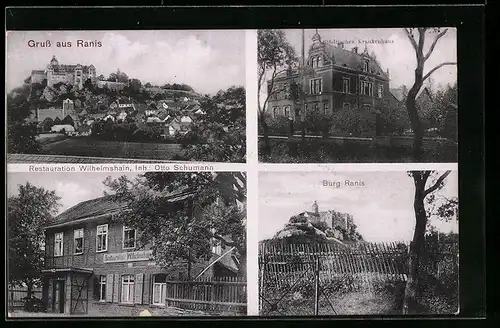 AK Ranis, Ortsansicht, Burg, Städtisches Krankenhaus, Gasthaus Wilhelmshain O. Schumann