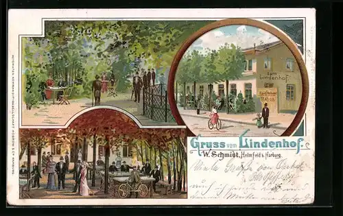 Lithographie Hamburg-Harburg, Gasthaus Lindenhof W. Schmidt mit Garten
