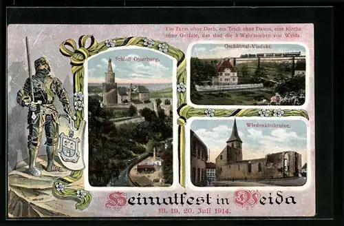 Passepartout-AK Weida, Festpostkarte Heimatfest 1914, Ritter mit Wappen, Wiedenkirchruine