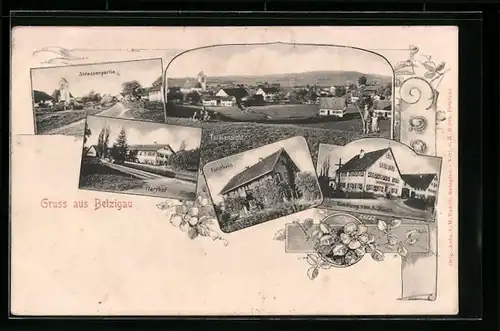 Passepartout-AK Betzigau, Totalansicht, Strassenpartie, Pfarrhof, Handlung K. Würth