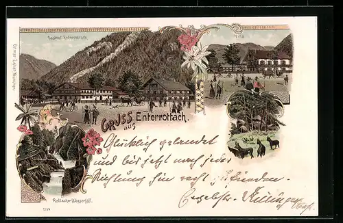 Lithographie Enterrottach, Gasthof, Villa und Rottacher Wasserfall