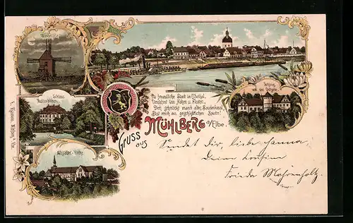 Lithographie Mühlberg a. Elbe, Schloss Martinskirchen, Totalansicht, Windmühle, Teilansicht