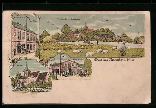 Lithographie Neukirchen i. Holst., Ortsansicht, Geschäftshaus Aug. Wulf, Kirche, Gasthof Doppeleiche