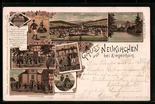 Lithographie Neukirchen bei Ziegenhain, Ortsansicht, Schwälmer Kirchgang, Menschen in Schwälmer Tracht