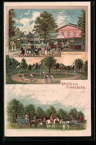 Lithographie Pinneberg, Gasthof zur Eiche, Rad Rennbahn