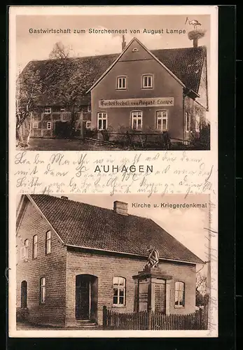AK Auhagen, Gasthaus zum Storchennest, Inh. August Lampe, Kirche und Kriegerdenkmal