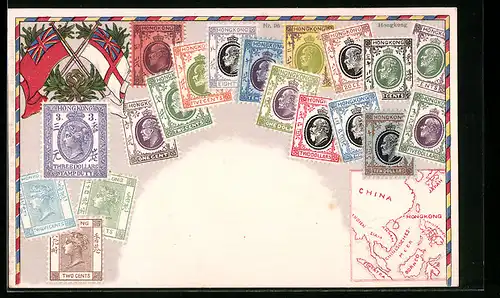 AK Hongkong, Briefmarken und Fahnen Hongkongs, Landkarte