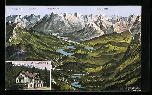 Künstler-AK Eugen Felle: Ehrwald, Alpenhotel Fernpass, Panorama mit Mittagsee, Zugspitze und Sonnensp.