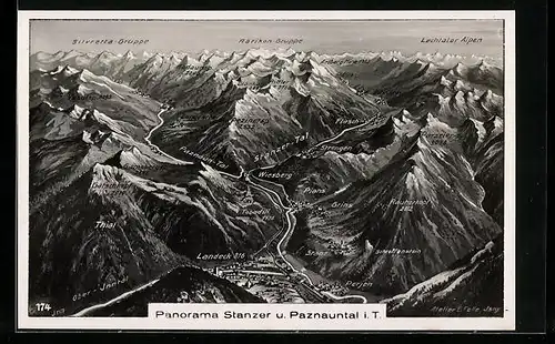 Künstler-AK Eugen Felle: Landeck, Stanzer u. Paznauntal, Perjen und Thial, Silvretta-Gruppe