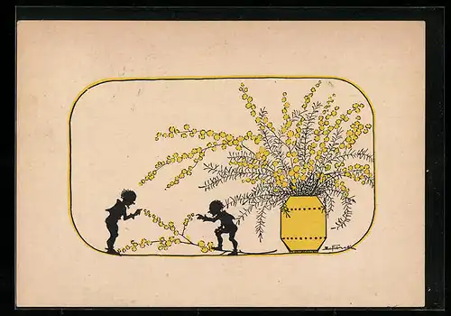 Künstler-AK Elsbeth Forck: Zwerge mit Blumen in gelber Vase