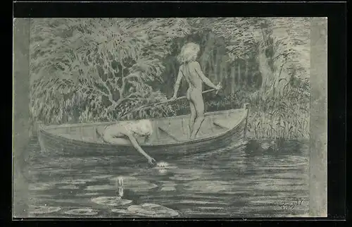 Künstler-AK Fidus: Mädchen im Ruderboot greift nach einer Wasserrose