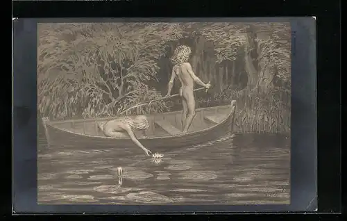 Künstler-AK Fidus: Wasserrosen, Junges Paar im Ruderboot, Frau greift nach einer Wasserrose, Doppellichtdruck