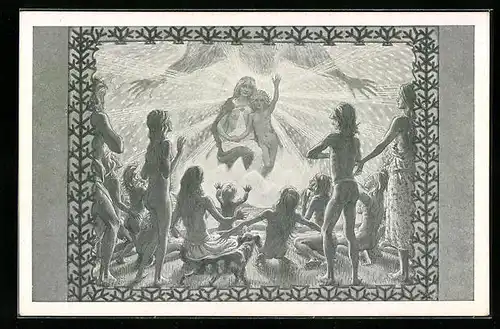 Künstler-AK Fidus: Anbetung der Hirten - Nackte Betende vor Maria und Jesus in der Sonne