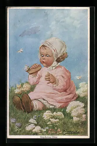 Künstler-AK Wally Fialkowska: Kleinkind auf einer Wiese sitzend betrachtet Schmetterling auf der Schnitte