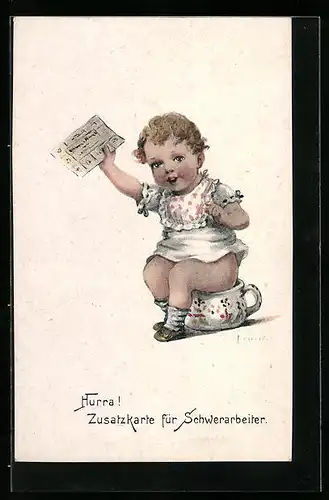 Künstler-AK Elly Frank: Hurra, Zusatzkarte für Schwerarbeiter