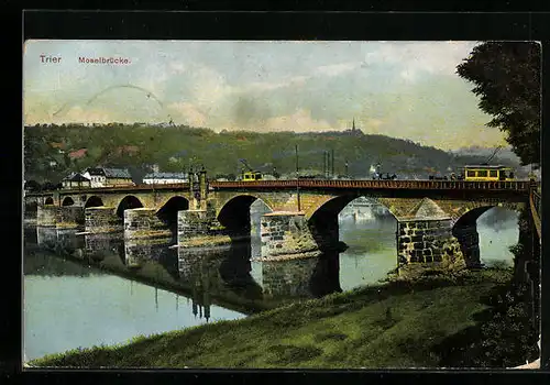 AK Trier, Moselbrücke im Sommer