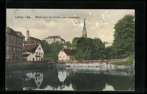 AK Löbau i. Sa., Blick nach der Kirche und Realschule