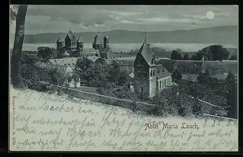 Mondschein-AK Maria Laach, Ortsansicht mit Abtei