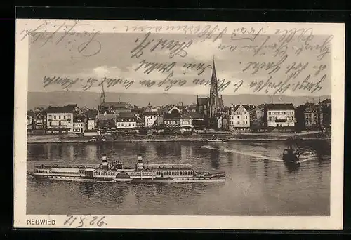 AK Neuwied, Ortspartie mit Dampfer im Wasser