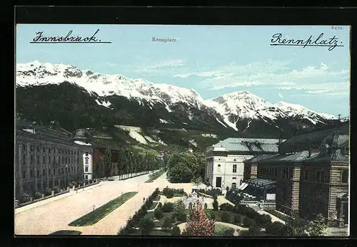 AK Innsbruck, Rennplatz mit Alpen