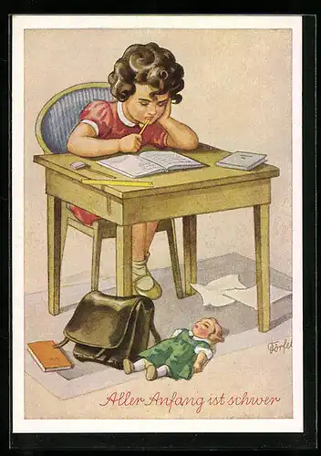 Künstler-AK Willy Doelfel: Mädchen bei den Hausaufgaben, Ranzen, Puppe