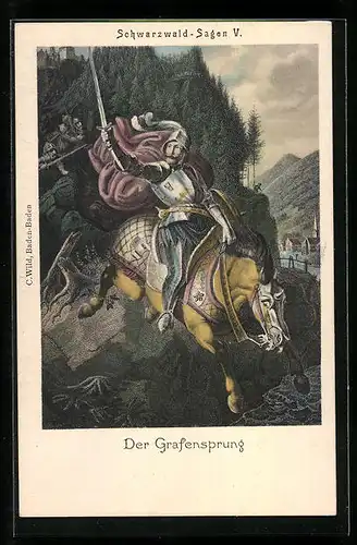 Lithographie Schwarzwald-Sagen V, Der Grafensprung, Ritter zu Pferd