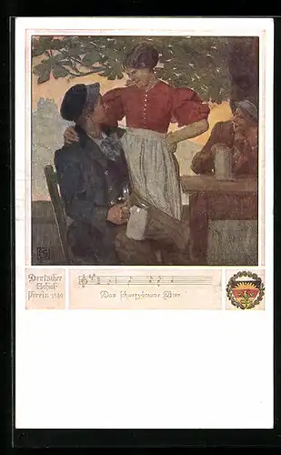 Künstler-AK Karl Friedrich Gsur: Deutscher Schulverein Nr. 463: Mann mit Bierkrug und Wirtsdame