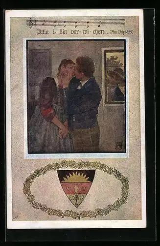 Künstler-AK Karl Friedrich Gsur: Deutscher Schulverein Nr. 1070: Mann küsst Frau und Mann am Fenster