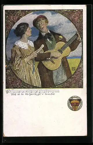 Künstler-AK Karl Friedrich Gsur: Deutscher Schulverein Nr. 459: Mann spielt für Frau Gitarre