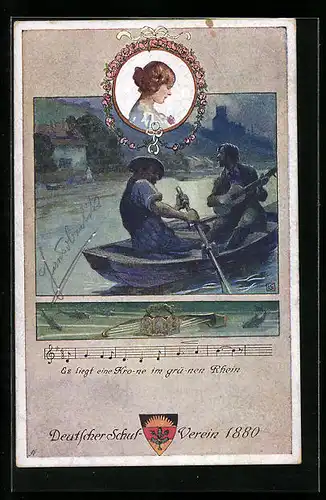 Künstler-AK Karl Friedrich Gsur: Deutscher Schulverein Nr. 91: Zwei Männer im Ruderboot, Gitarre