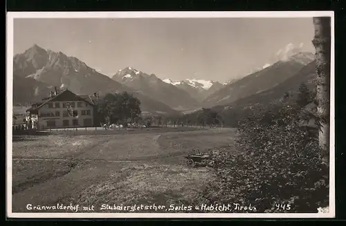 AK Innsbruck, Grünwalderhof mit Stubaiergletscher, Serles und Habicht
