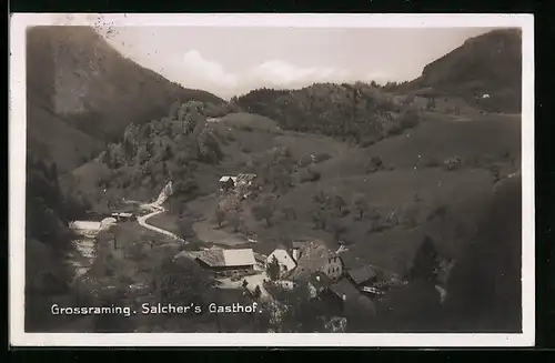 AK Grossraming, Ortsansicht mit Salcher`s Gasthof