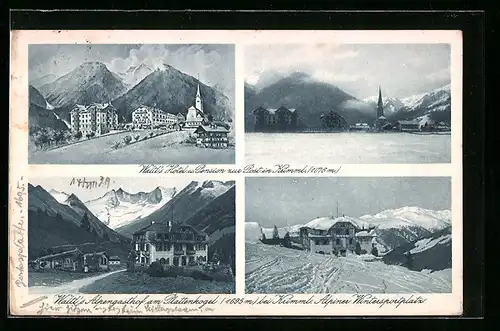 AK Krimml, Waltl`s Hotel u. Pension zur Post, Waltl`s Alpengasthof am Plattenkogel, Alpiner Wintersportplatz